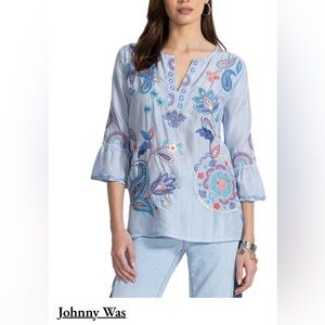 NWT JOHNNY WAS Flutter Neilly Sleeve M 100% Silk Top in blue stripe new was $280